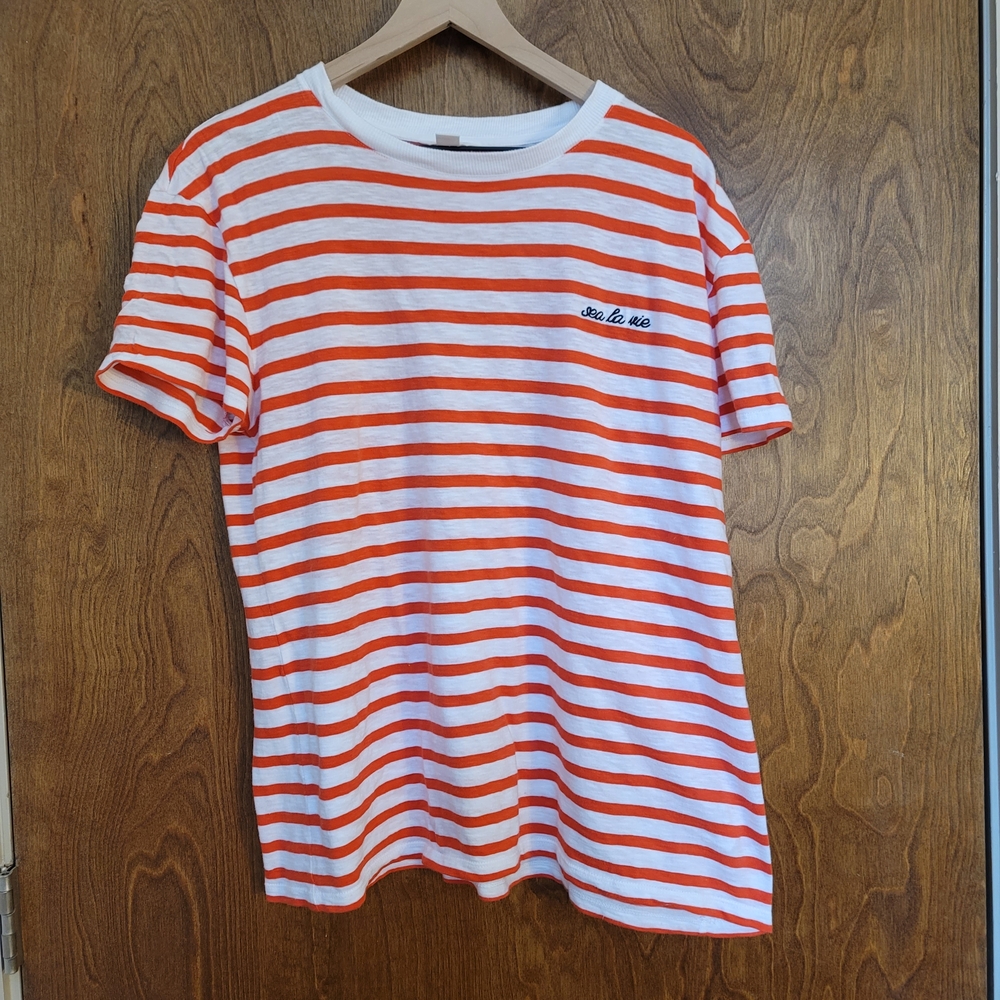Caslon Orange and White Striped Top Tee Shirt Slub Knit